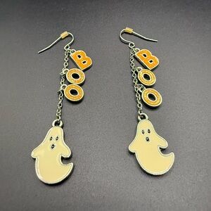 Halloween Ghost Dangle Silver Tone Earrings with BOO Charms